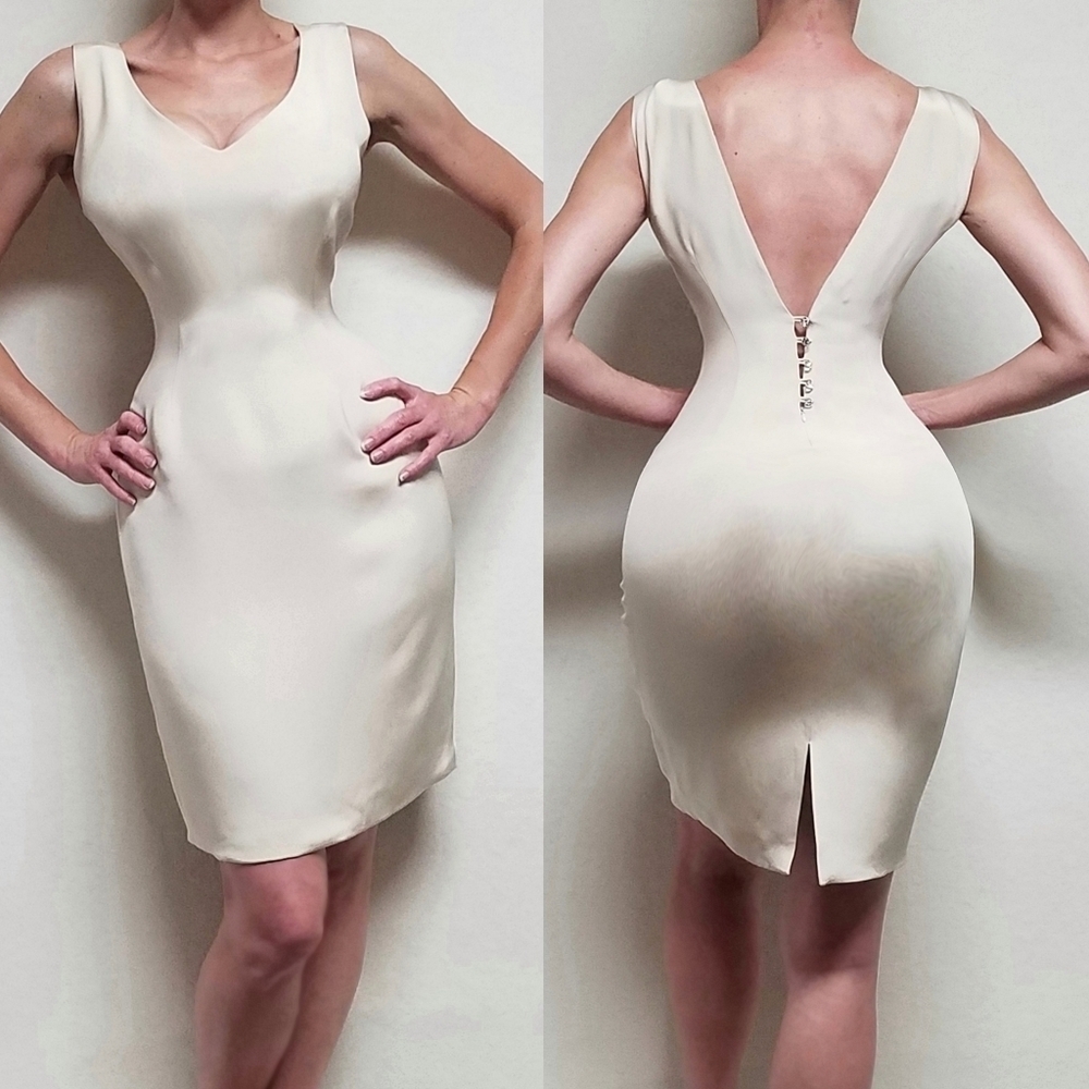 Vintage 90s Sylvia Heisel Cream Silk Plunging Back Crystal Disco Ball Midi Dress